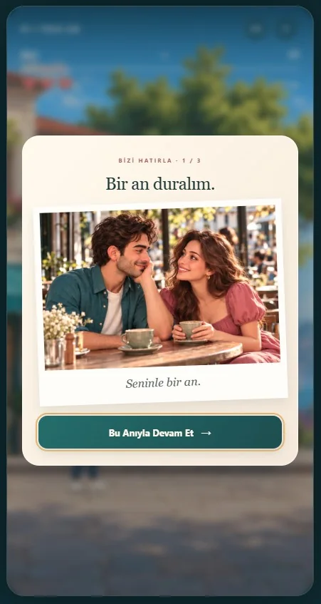 Oyunda çiftin fotoğrafıyla açılan anı kartı